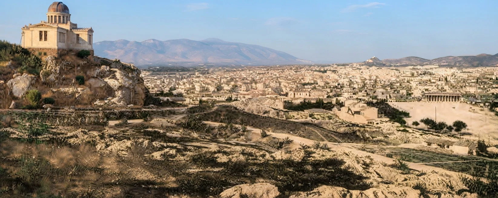 PANORAMA OF MODERN ATHENS.—(1) Parthenon, ancient temple of solid marble, dedicated to Athena, the protecting goddess of Athens; without question the most perfect of buildings. (5) The whole eminence on which Nos. 1 to 4 are situated, called the Acropolis. (6) Mars Hill (Areopagus), place of meeting for the highest ancient court and tribunal. (9) Syntagma, or Constitution Square, facing which are the chief tourist hotels. (10) Metropolitan Church. (11) Mt. Lycabettus, crowned with the Church of St. George, with a convent near the summit. (12) Ancient Theatre of Dionysius, the scene of the great dramatic contests. (13) The Odeon of Herodes Atticus, a theatre built in Roman times. (14) The modern city of Athens, which, unlike those on top of the Acropolis, and which still supplies the market to-day. The upper part of the ancient quarry is visible in the picture as a light patch on the side of the hill. The long street extending beyond the buildings in the foreground is St. Paul Street, which as it passes around the Acropolis takes the name, Street of Dionysius the Areopagite. The Stadium, now restored, is seen beyond the city.