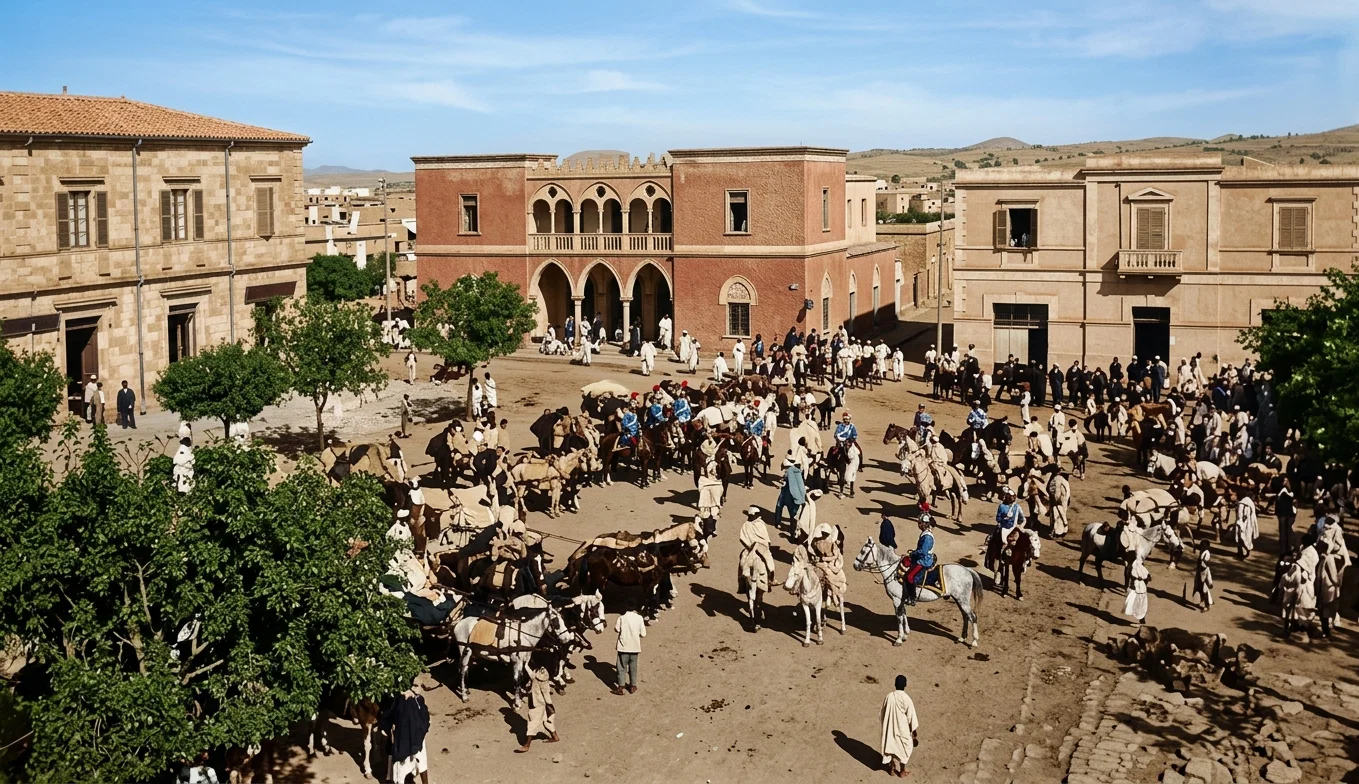 ASMARA
Building in center is the post-office. Near this our missionaries now live. Italian mounted soldiers standing in the square