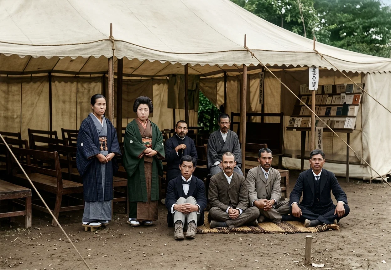 WORKERS AT THE TENT-MEETING IN FUKUSHIMA