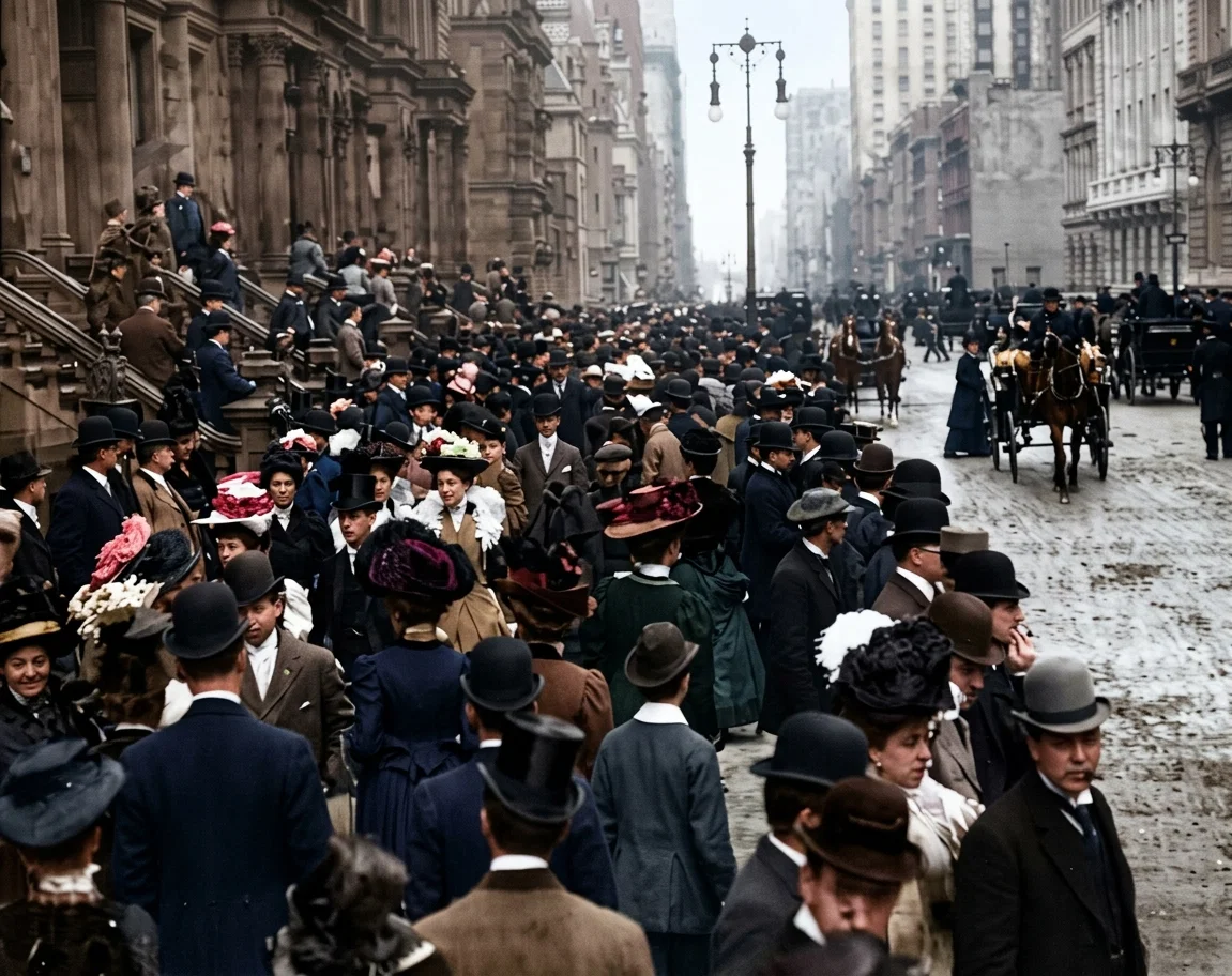Copyright, Underwood & Underwood, New York. Easter afternoon on Fifth Avenue, New York, when the new spring styles are exhibited to crowds of admiring onlookers. The Resurrection and its meaning are forgotten.