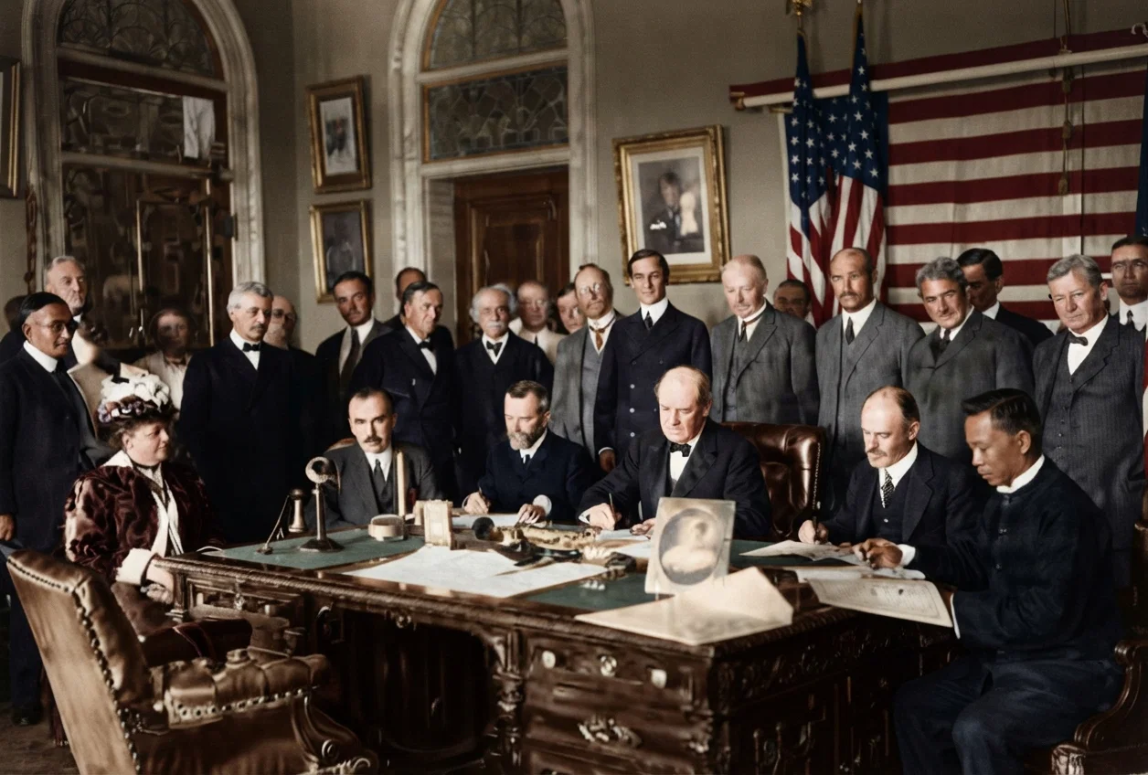 SECRETARY OF STATE BRYAN SIGNING PEACE TREATIES BETWEEN THE UNITED STATES, FRANCE, GREAT BRITAIN, SPAIN, AND CHINA