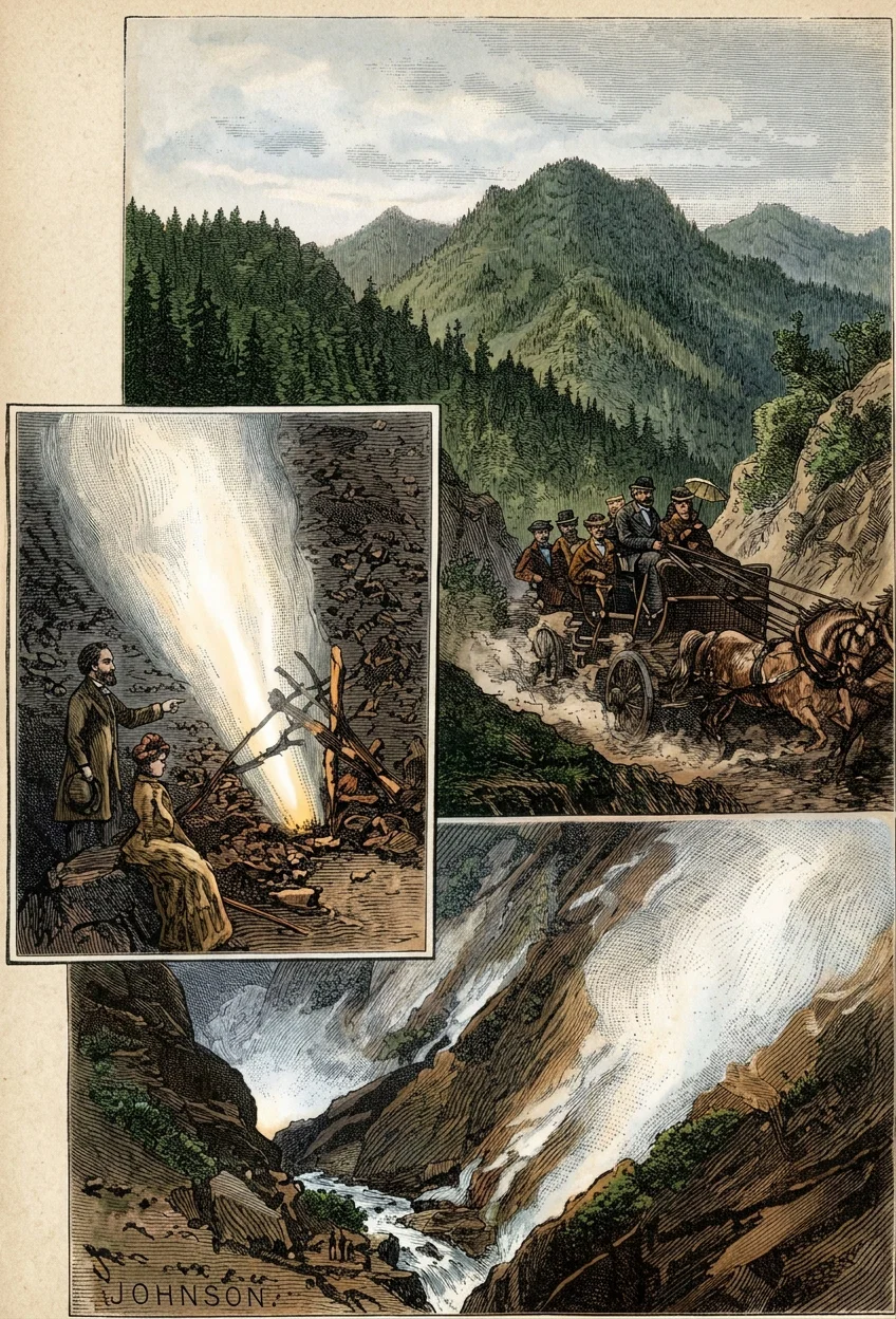 CALIFORNIA SCENERY. NO. 5.—
The Geysers, in Sonoma County, are about one hundred miles north of San Francisco, in the Mayacamas Mountains, 1,700 feet above sea level. One writer says: “Imagine a clear,