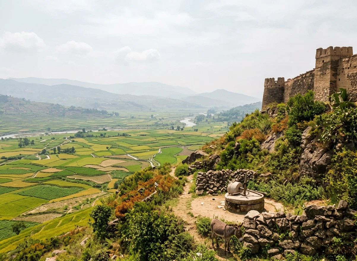 CHINESE FLOUR MILL
Plots of land in the valley are rice fields