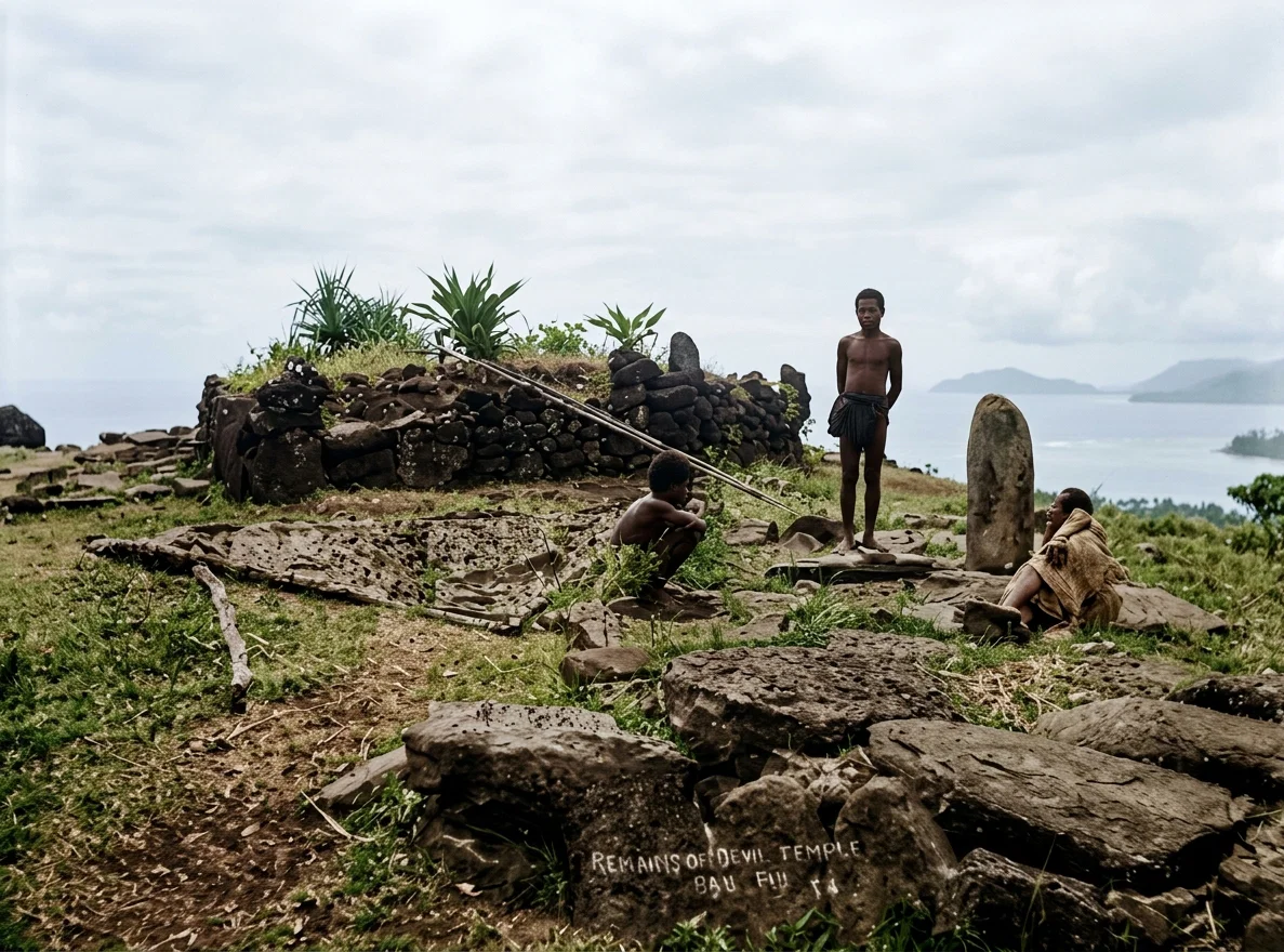 RUINS OF A DEVIL TEMPLE, or marai, of Bau, Fiji. Bau is a small island which was the center of native rule during the days of heathenism. This devil temple was accordingly the most important one in Fiji. Christian missionaries were not permitted to teach upon this island previous to 1854. In April of that year the big drum-beats called the people together to this temple to a cannibal feast for the last time of which we have record. Such events were common occurrences previously. The ruins of the temple testify to the power of the Gospel. This marai much resembles in appearance those of the Society Islands, tho generally they are more overgrown with trees and shrubbery.