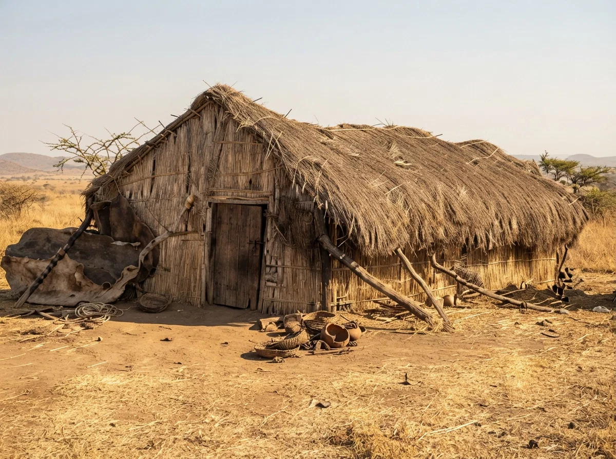Grass House That Was on the Grounds When the Mission Was Started. It Is Now Used as a Workshop and Boys' Sleeping Quarters.