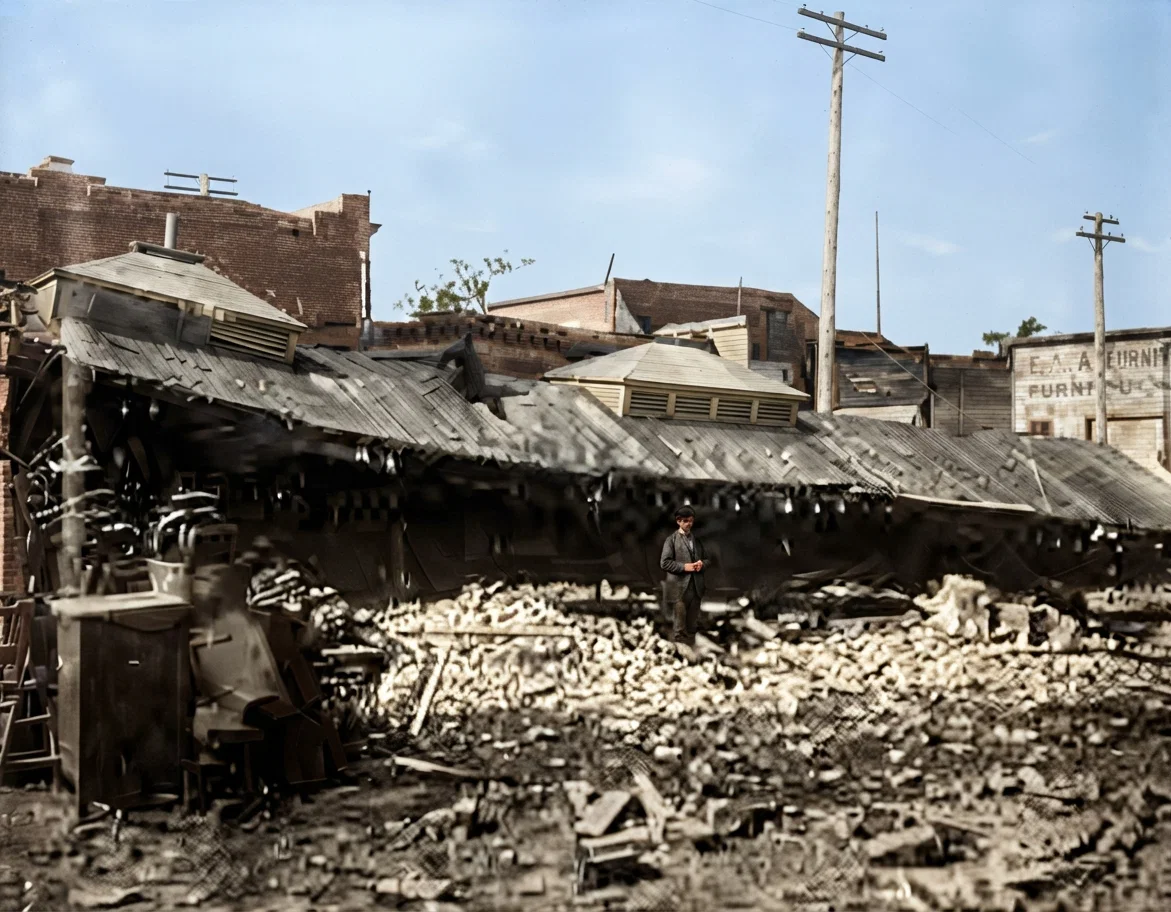 Mr. Allen's two-story brick furniture store in Mountain View, after the earthquake.