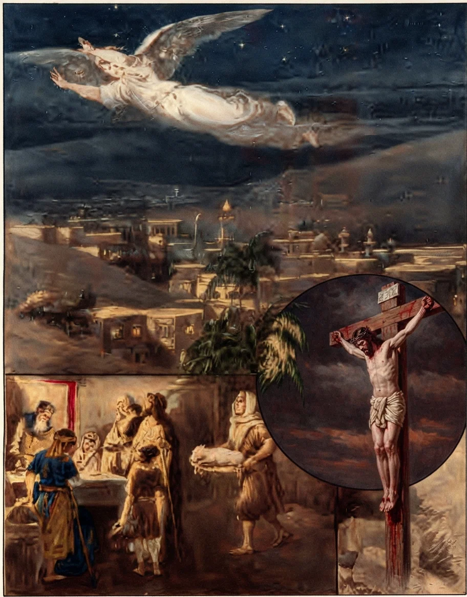 A striking composite drawing is that of Mr. Mente's above. The lower scene carries us back to the slaying of the paschal lamb in Egypt, the blood of which must be placed on the sides of the door of each household and on the lintel above or the first-born would die. The unbelieving in Egypt's land failed to do this, and the first-born of man and beast died throughout the land where the sprinkled blood was not seen by the destroying angel as he passed over, represented in the scene above. In the small drawing we have the deeper meaning of that solemn rite; "for even Christ our Passover is sacrificed for us." But to no soul will that blood apply, no soul will be free from sin when God's plagues fall, unless that soul has put away his sins and by faith washed them in the blood of Jesus. O, there is cleansing, there is healing, in His blood. But are you hidden underneath it? Is your household safe?