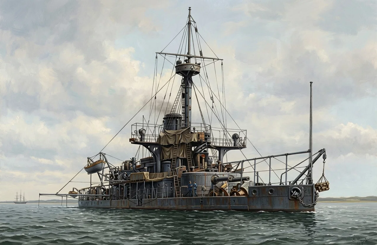 The Monitor Amphitrite.—Displacement, 3,990 tons; speed, 10.5 knots; deck armor, 1¾ inches; side armor, 5 to 9 inches; barbettes, 1½ inches; turrets, 7½ inches. Main battery consists of four 10-inch and two rapid-fire 4-inch guns; secondary rapid-fire battery has two 6-pounders, two 3-pounders, two 37-mm. Hotchkiss, and two 1-pounders. Of this Monitor class the United States has five.