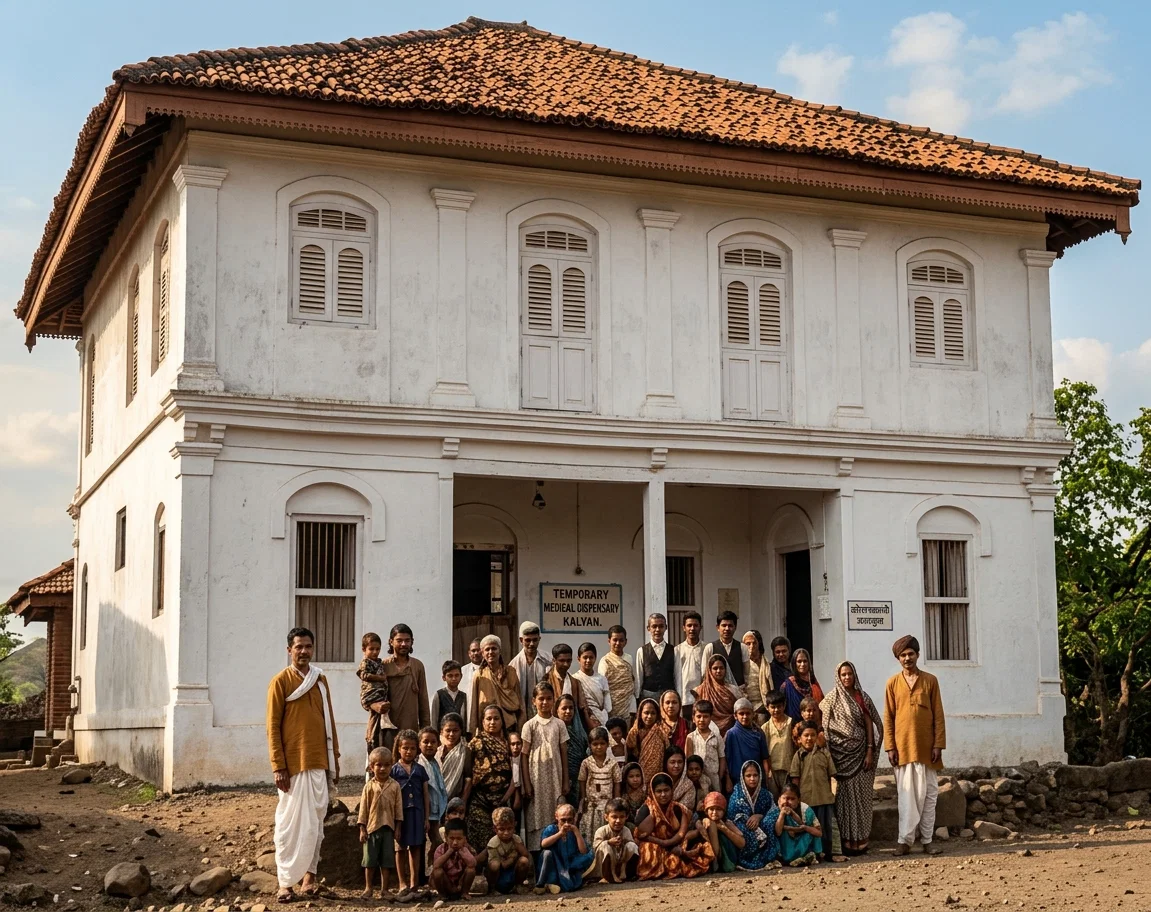 Temporary medical dispensary at Kalyan, India, in which over thirty thousand patients were treated in two years by Dr. Mrs. M. D. Wood and her associates.