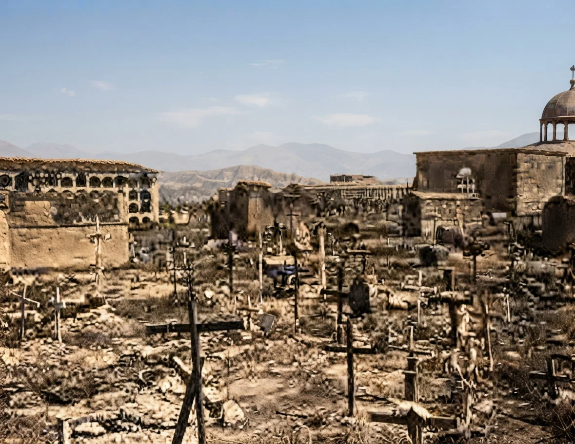 Section of cemetery in La Paz, Bolivia, with burial vaults in the distance. Photograph by W. O. Cluff.