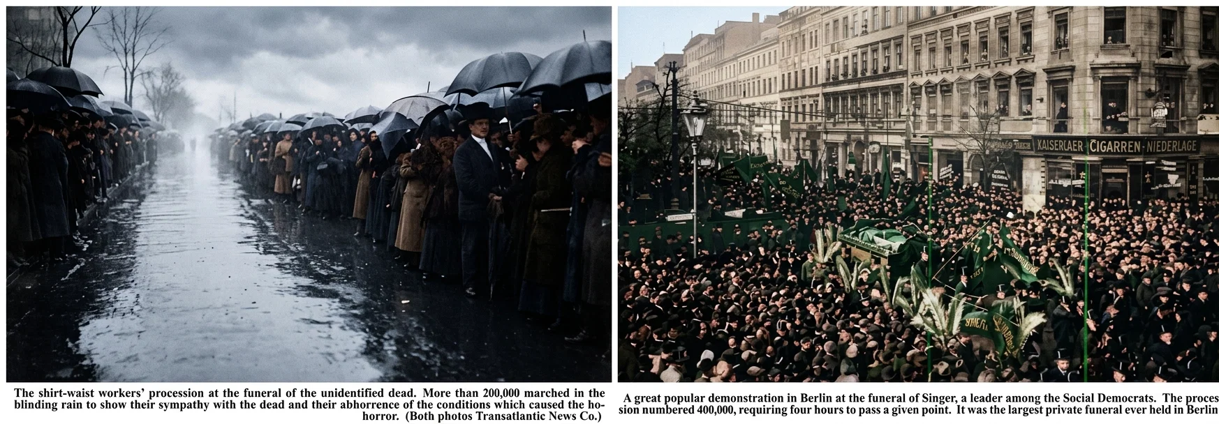 The shirt-waist workers' procession at the funeral of the unidentified dead. More than 200,000 marched in the blinding rain to show their sympathy with the dead and their abhorrence of the conditions which caused the horror. (Both photos Transatlantic News Co.) A great popular demonstration in Berlin at the funeral of Singer, a leader among the Social Democrats. The procession numbered 400,000, requiring four hours to pass a given point. It was the largest private funeral ever held in Berlin.