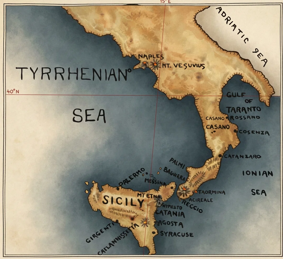 Map of earthquake district. The transverse lines are longitude 15th degree east, and latitude 40th degree north. The square represents a territory of sea and land 420 by 350 miles square. Mt. Etna is the center of the disturbance. Messina, Catania, Agosta, Syracuse, and Reggio, are among the greatest sufferers. Mt. Vesuvius is at the north of the district.
