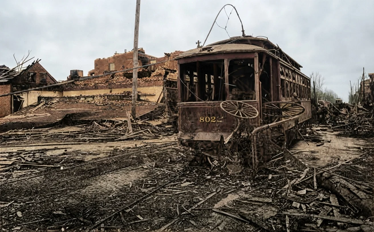 Destruction and ruin follow in the wake of these mighty "twisters." No building can stand before them.—Photo Brown Brothers.