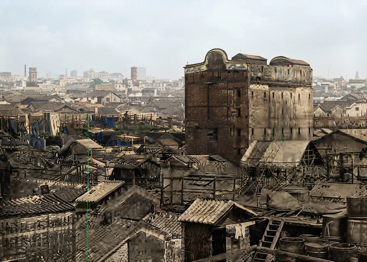 A View in Canton, China. The tall building is a Chinese pawn-shop, an entirely respectable concern, everywhere noticeable by its height. Beyond to the left are dye-houses with racks on roofs for drying clothes.