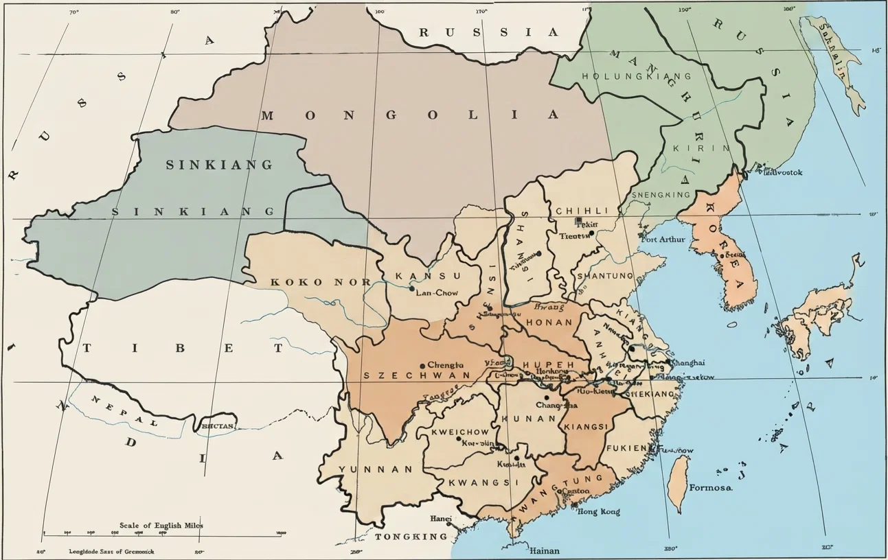 A map of China, showing the various provinces and many of the leading cities and centers of revolution. The Yang-tse River divides China into two parts, north and south. It was in the vicinity of Hankow, in the province of Hupeh, in the center of the great Yang-tse Valley, that the revolution first assumed formidable proportions. Pekin, it will be seen, is in the far north; Canton, another large city, 1,200 miles directly south.