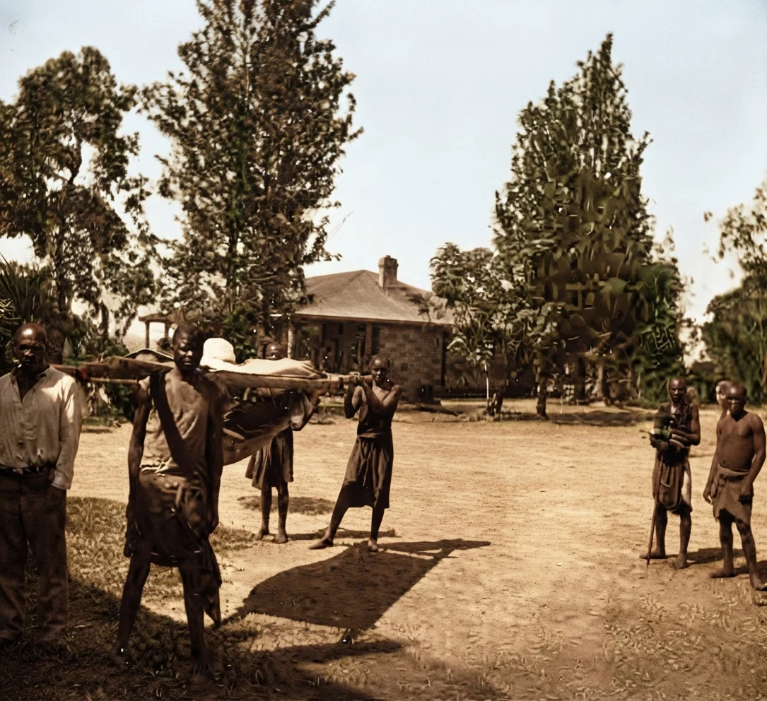 An African reclining machila,—a tiresome, expensive means of travel, but the only one where no road exists.
