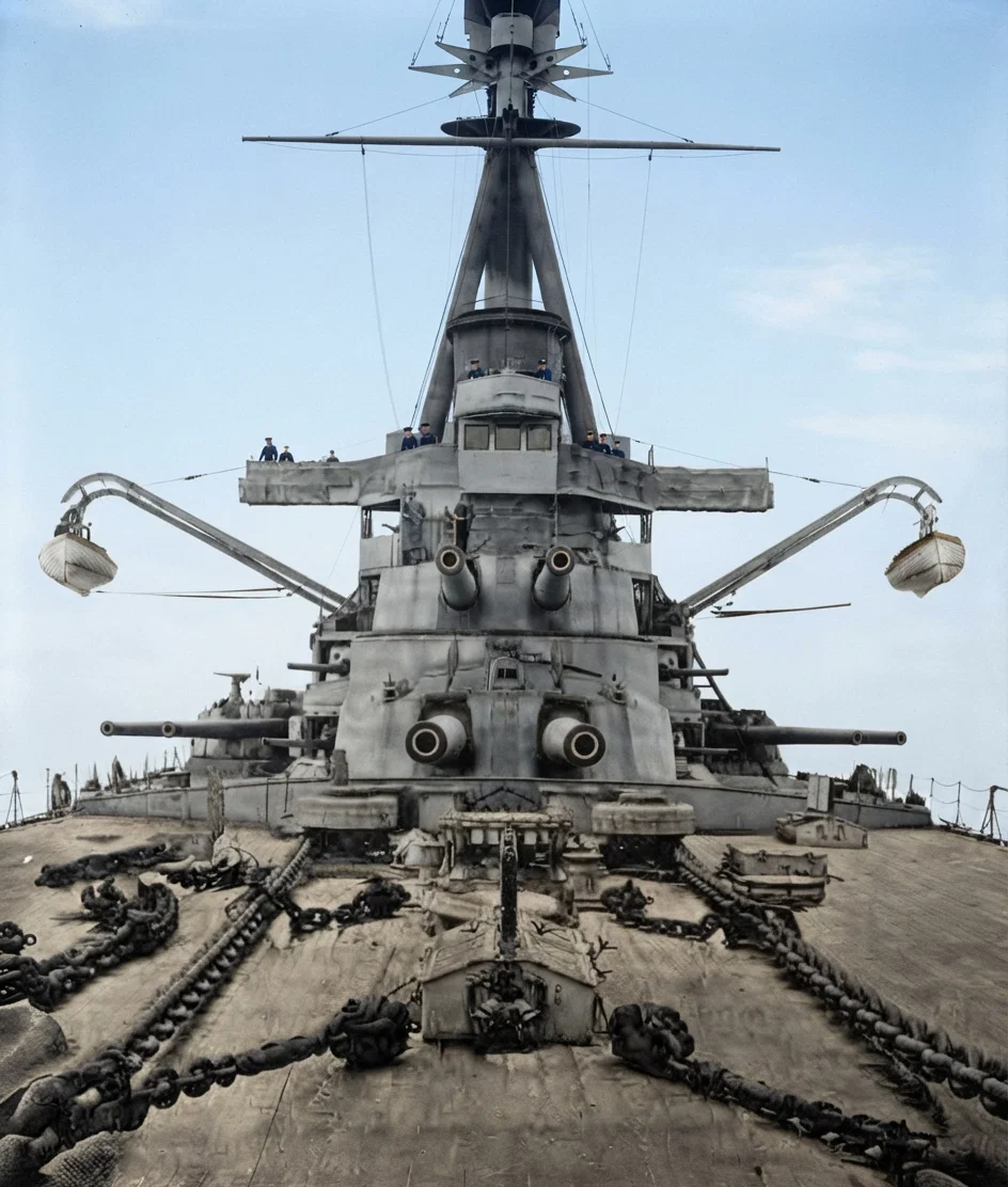 The new Brazilian Dreadnought, "Minas Geraes," with her mighty armament, as seen from the bow looking aft. The view shows eight 12-inch and four 4.7-inch guns trained directly ahead. This is the first ship to carry 12-inch guns, and is the most powerful vessel in commission at the present time. (From the "Scientific American" of March 19, 1910.)