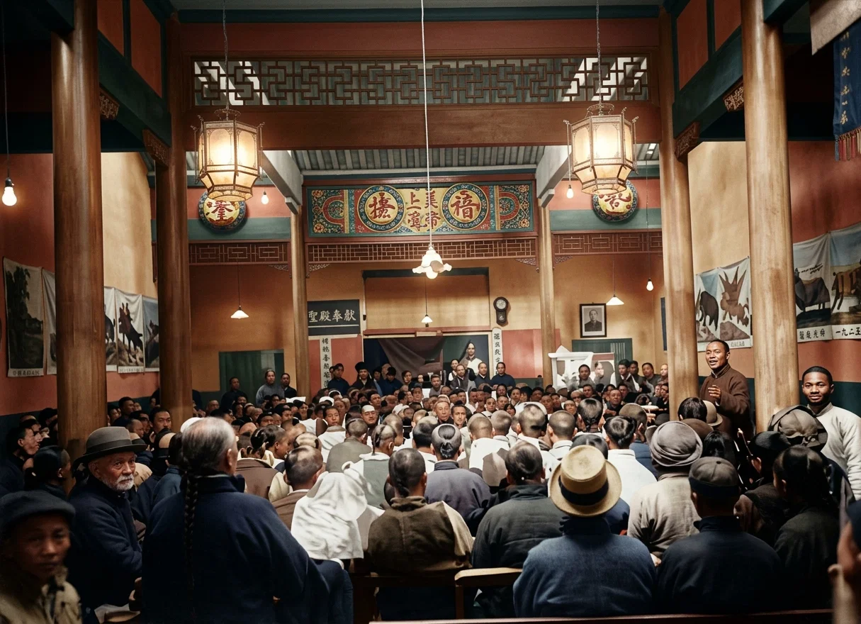 INTERIOR OF NEW CHAPEL RECENTLY PURCHASED AND DEDICATED AT CHANGSHA, HUNAN. A NATIVE BROTHER IS PREACHING