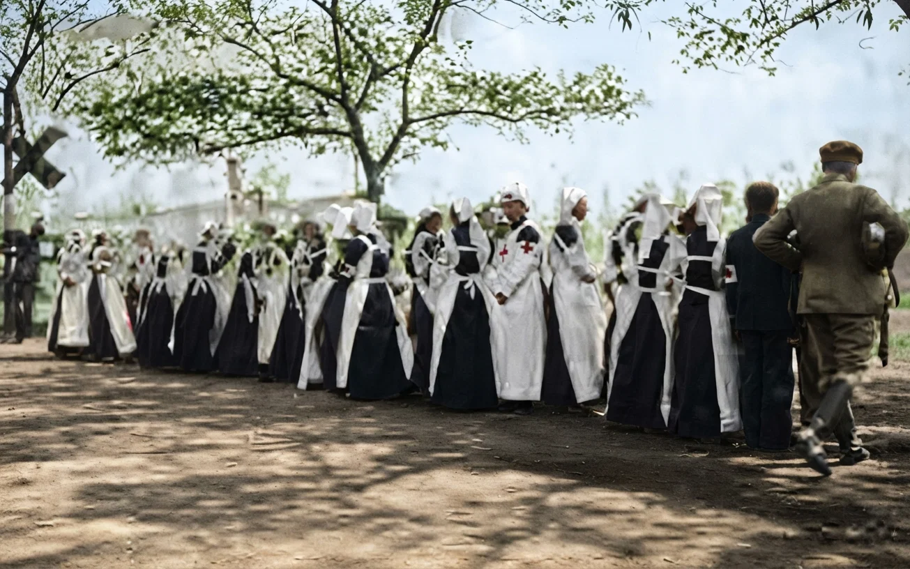 Red Cross nurses waiting for call to duty at Hankow. They were in some cases murdered by the imperial soldiers because they wore white.