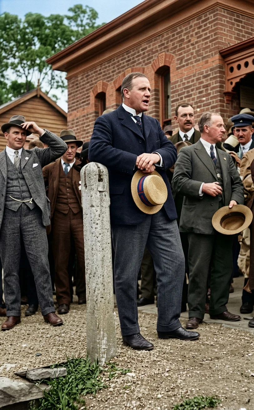 Pathe, Photo. THE PREMIER OF VICTORIA (MR. LAWSON)
SPEAKING AT LORNE