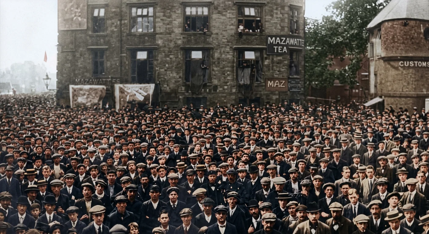 A little part of a mass-meeting of the strikers on Tower Hill. Note the seeming endlessness of the throng down the street, around the corner of the building. This shows but one half of a section of the crowd as photographed by the Photo Crome Company. (From the London "Graphic.")