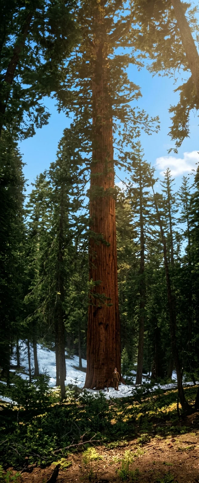 Photo by E.J. Drake. Scene in the Tuolumne “Big Tree Grove,” California. The tree in the foreground is a sequoia gigantea, 28 feet in diameter 10 feet from the ground. Compare its size with that of the man at its foot.