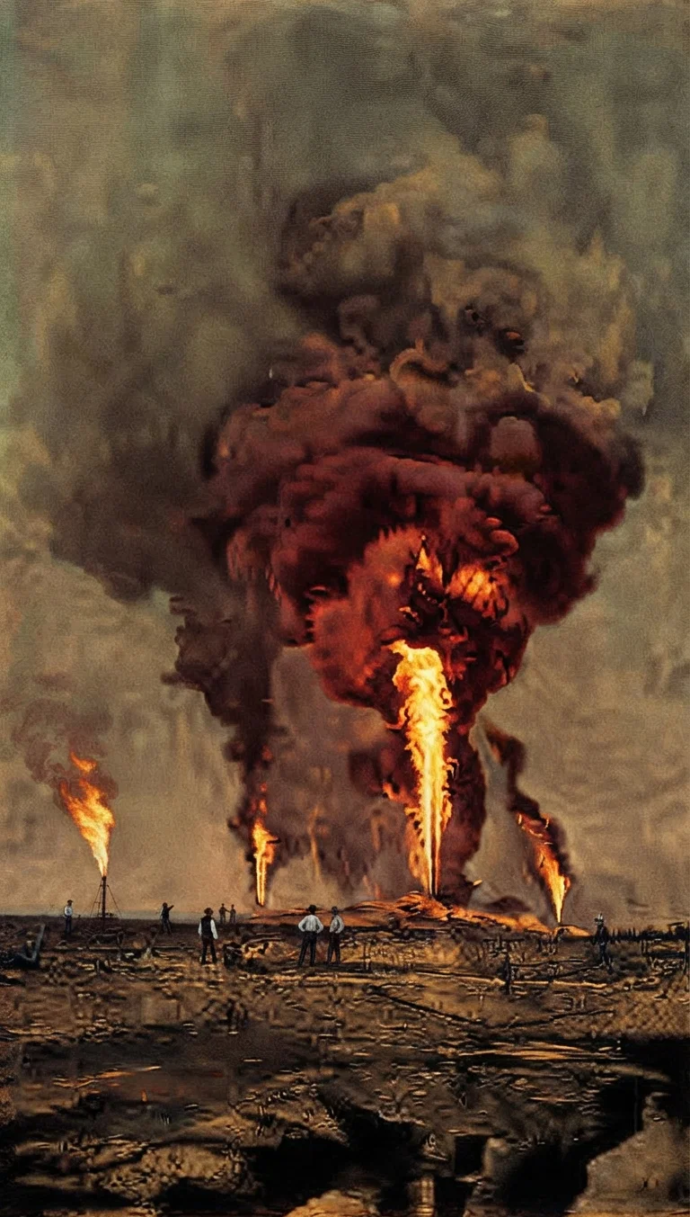 Three Burning Oil Wells in the Fields of Bibi Eybat. (By courtesy of Scientific American Supplement.)