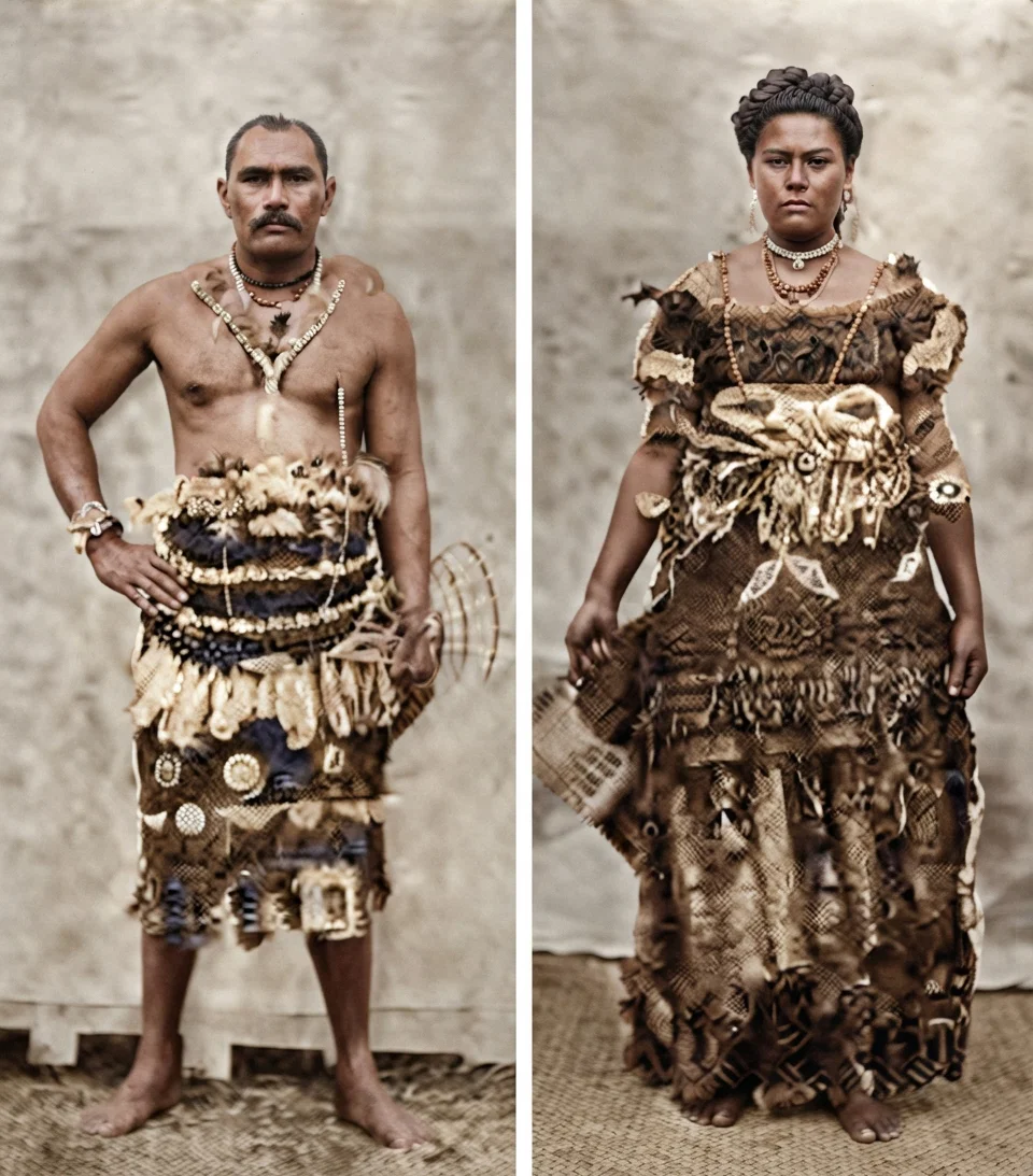 High Tongan Type of Man and Woman. Elaborately Dressed.