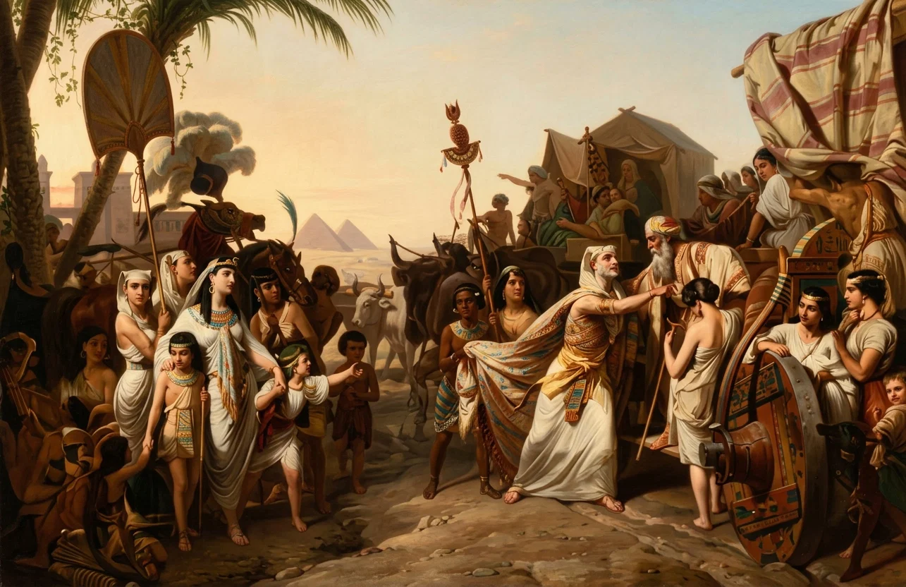 JACOB GOING TO MEET JOSEPH IN EGYPT

Among the fruits of Jacob’s transgression may be counted his unfortunate double marriage, the jealousy of his sons, and his long separation from Joseph. Our picture refers to the beginning of better days.