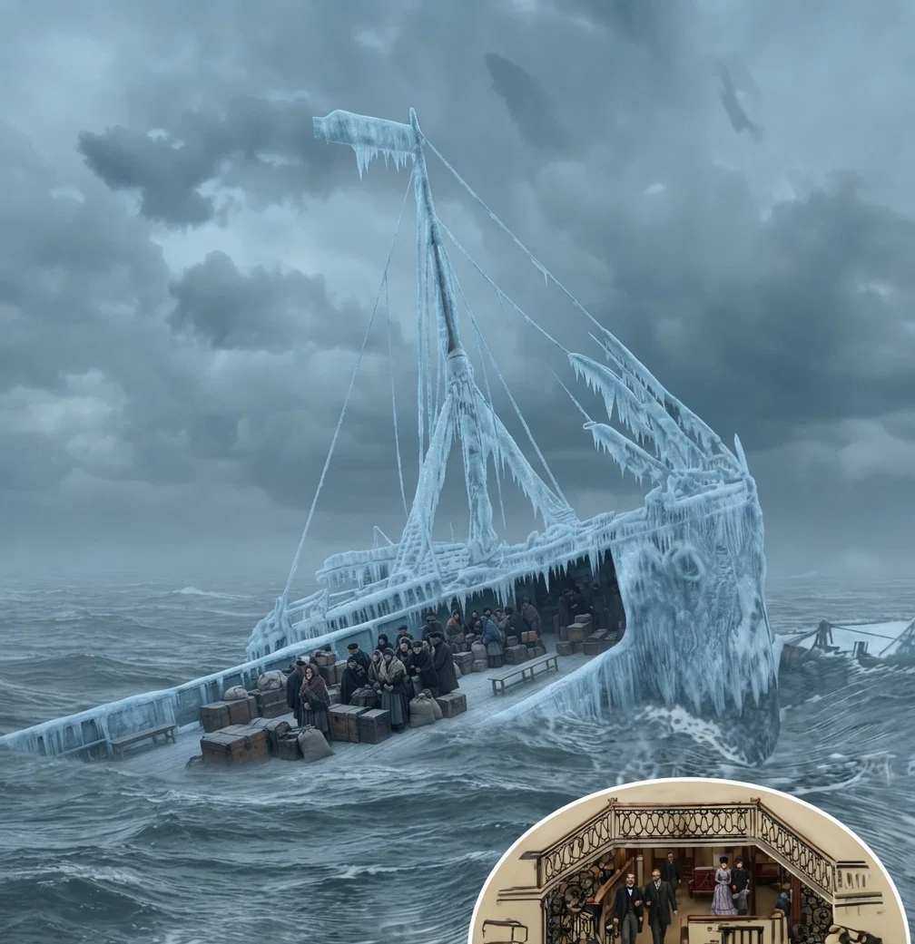 The ice-covered Fuerst Bismarck coming up the Lower Bay. See the article, "The Earth Waxed Old," on preceding page. LANDING OF STEERAGE PASSENGERS.