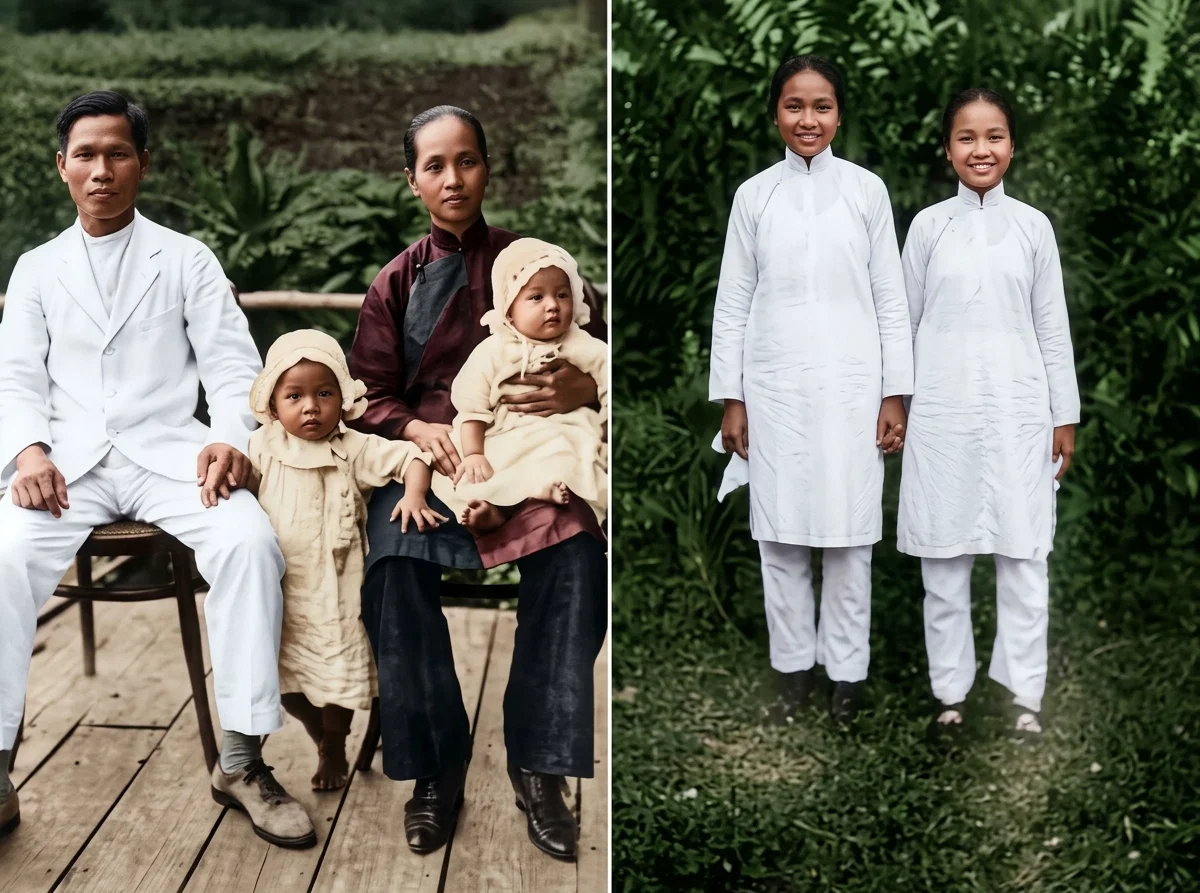 Left: Teen En Fook, wife, and children. He was the first Seventh-day Adventist to enter Borneo, and is still doing evangelistic work in that field. Right: The Wong sisters. These are two of our Bible women of Sandakan, Borneo.