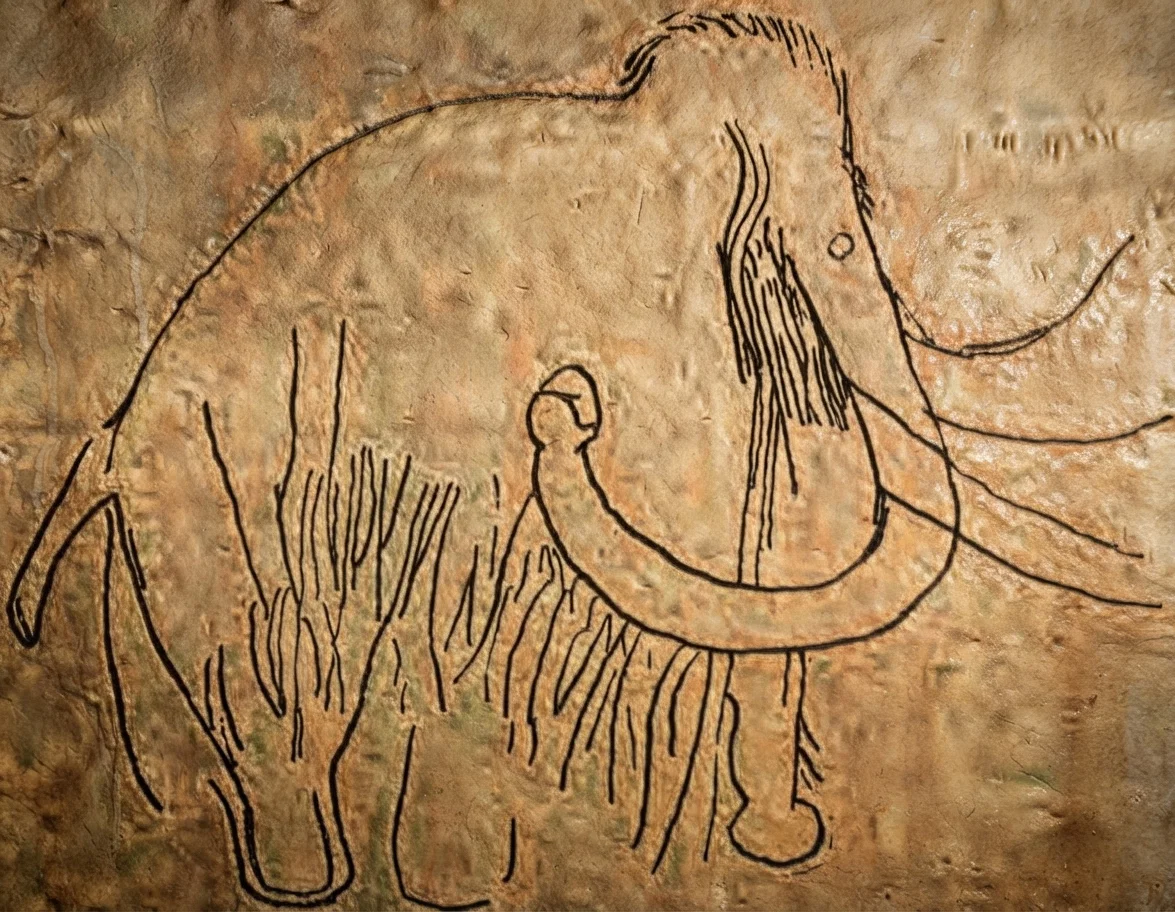 Figure of a mammoth chiseled on the walls of caves in southern France. This great elephant must have been contemporaneous with the man who drew his picture, and also with the other animals shown herewith, whose likenesses adorn the walls of the same caves—the horse, the gnu, and the reindeer. The saddle on the horse shows that he was used for the same purpose then as now.