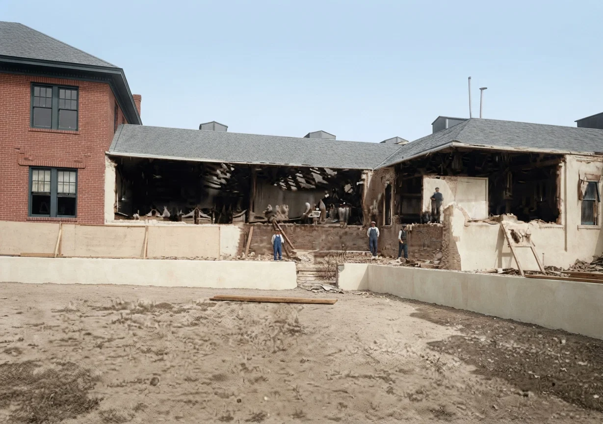 One of several wrecks in the town of Mountain View. This is the east end of the Pacific Press Publishing Company's Plant. All the wall, excepting the greater portion of the front wall, was wrecked by the earthquake, and had to be torn down. The inner supports sustained the roof.