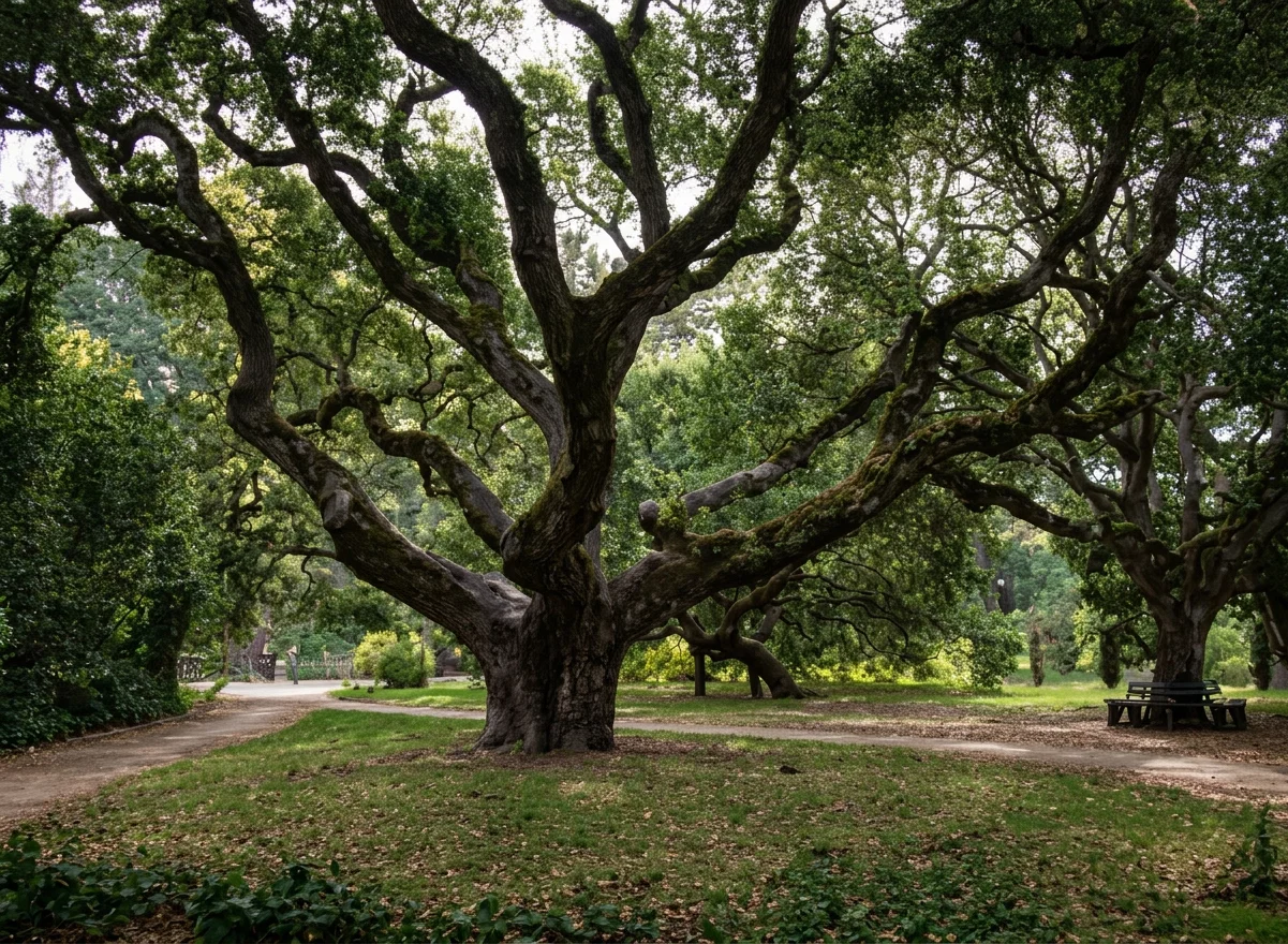 CALIFORNIA SCENERY, NO. 11:—We present herewith an illustration of a fine specimen of the Coast Live Oak, quercus agrifolia. This evergreen oak is peculiar to California and Mexico. Its wood is brittle and worthless except for firewood; but it makes indeed a dignified and noble shade tree. The large center tree in the picture above is in the grounds of the University of California, Berkeley, and is called “The Noblest Roman.” Specimens of the Coast Live Oak are often found with a trunk measuring from 6 to 8 feet in diameter, the branches outreaching 50 to 60 feet from the trunk. Oakland is so named because of the prevalence of this tree.