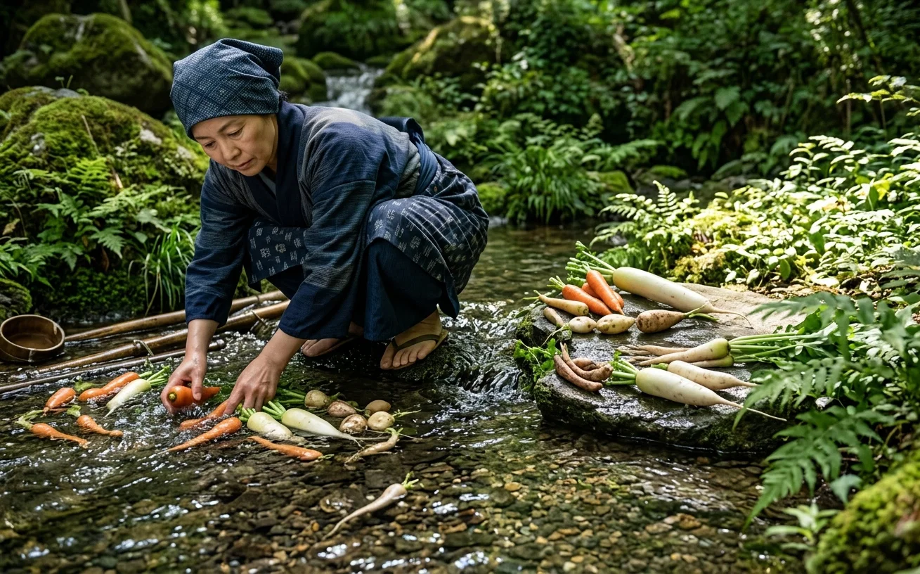 WASHING VEGETABLES, JAPAN.