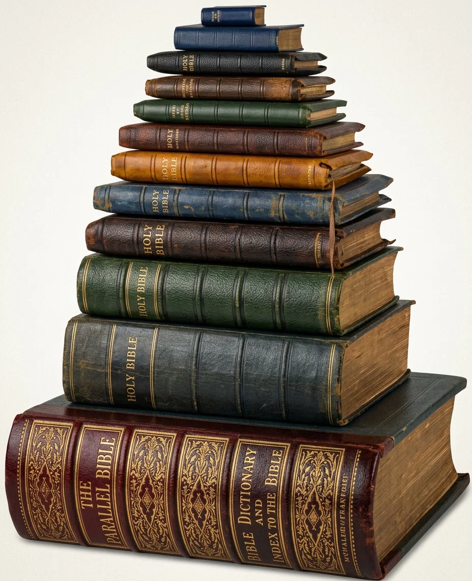 A PYRAMID OF TRUTH
The largest Bible is 5 x 11 x 12½ inches; the smallest is ½ x 1¼ x 1⅞ inches