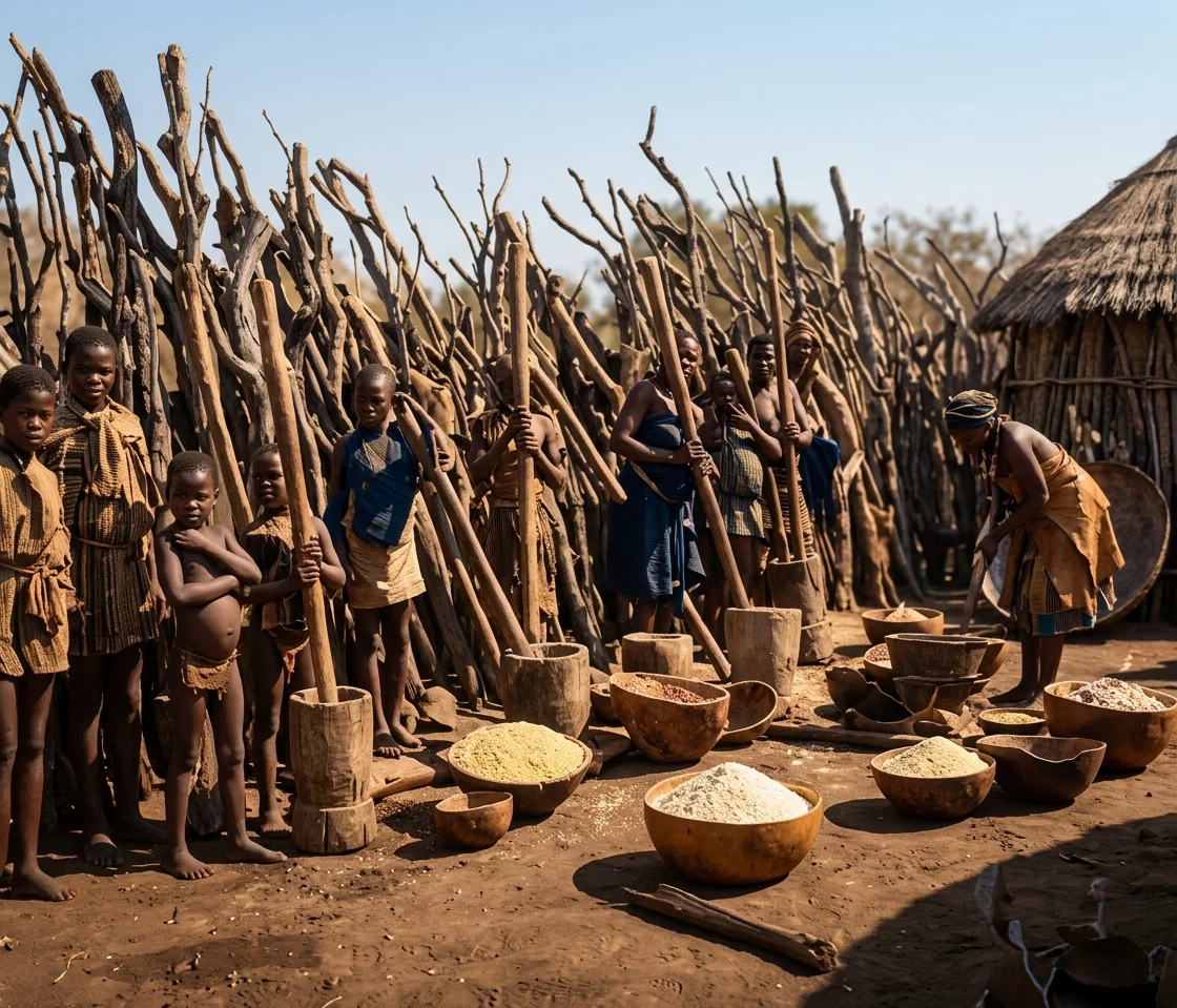 Natives Grinding or Stamping Corn Outside of Village Fence, So. Africa.