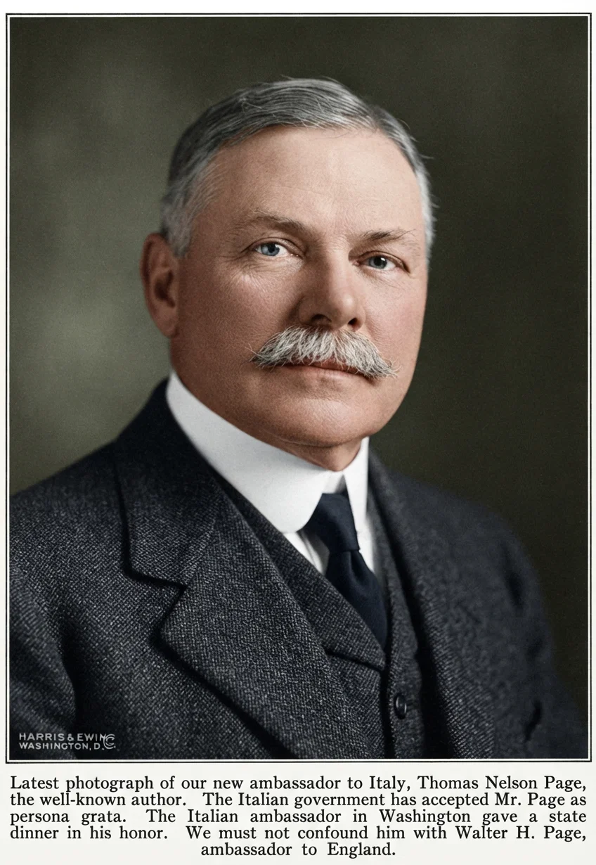 Latest photograph of our new ambassador to Italy, Thomas Nelson Page, the well-known author. The Italian government has accepted Mr. Page as persona grata. The Italian ambassador in Washington gave a state dinner in his honor. We must not confound him with Walter H. Page, ambassador to England.