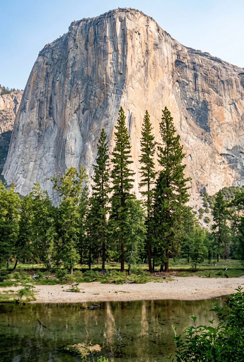 “El Capitan” in the Yosemite Valley. It rises 3,300 feet from the floor of the Valley, more than three times as tall as the Eiffel tower, the highest structure built by man.