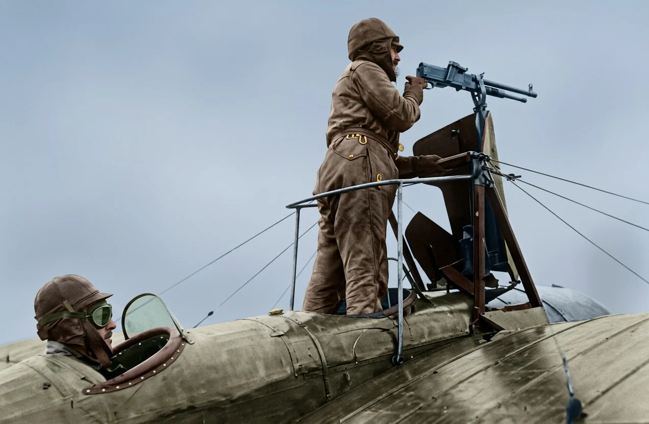 Photo Boston Photo News Co. UPPER PART OF A FRENCH AEROPLANE, SHOWING THE RAPID FIRE GUN MOUNTED ON TOP