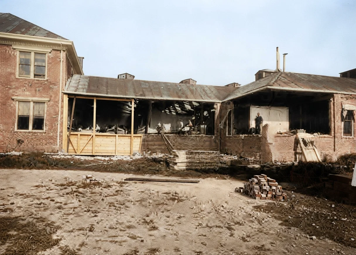 East wall of the Pacific Press Building, looking into the type room and foundry. The front wall is the only part of the outside of the structure saved.