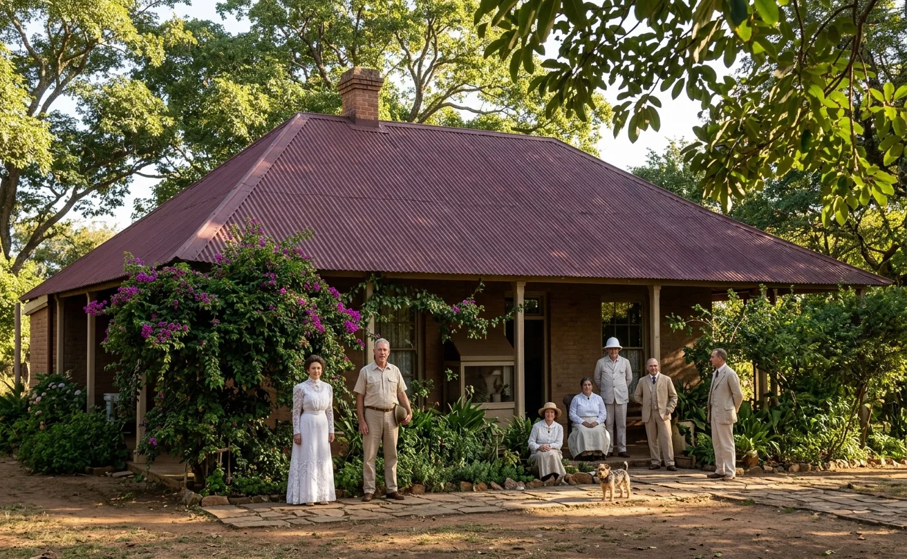 SUPERINTENDENT'S COTTAGE, SOLUSI MISSION
Elder and Mrs. R. P. Robinson — Visitor — Elder and Mrs. W. C. Walston