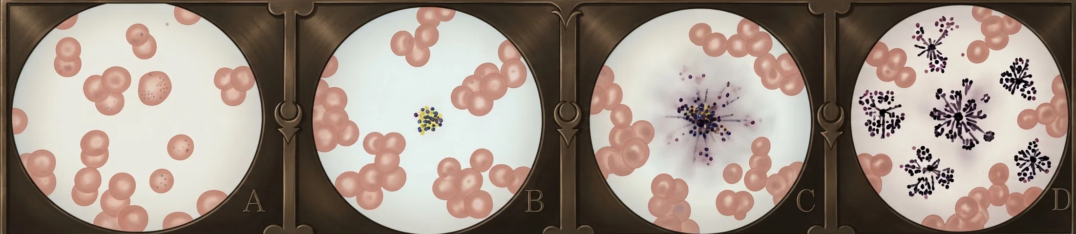 These cuts illustrate the growth of the yellow fever germ colonies in the blood of one stricken with that disease.