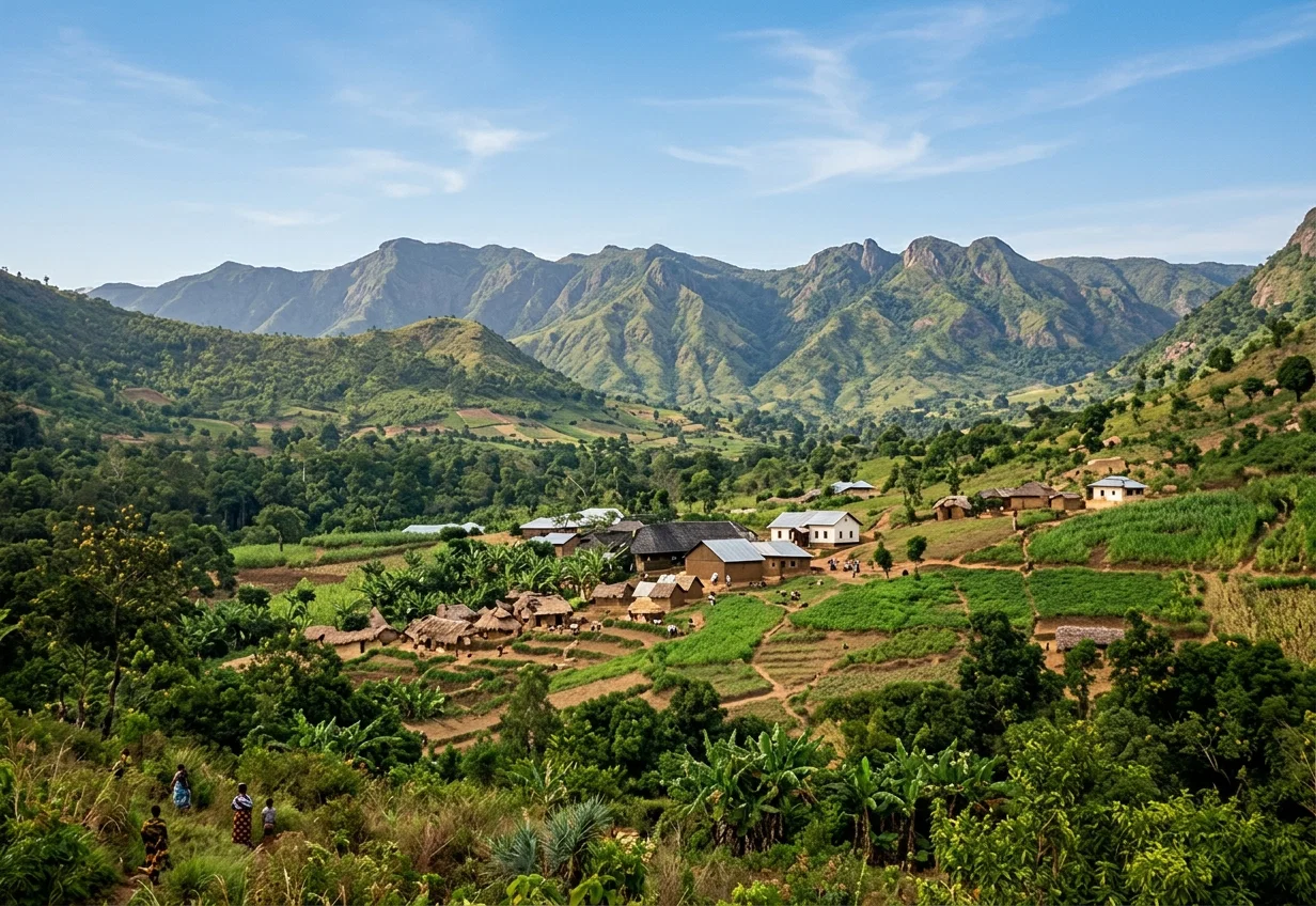 GOVERNMENT FARM AND NATIVE HUTS, KWAI, USAMBARA
(This range of mountains is thirty miles east of our station)