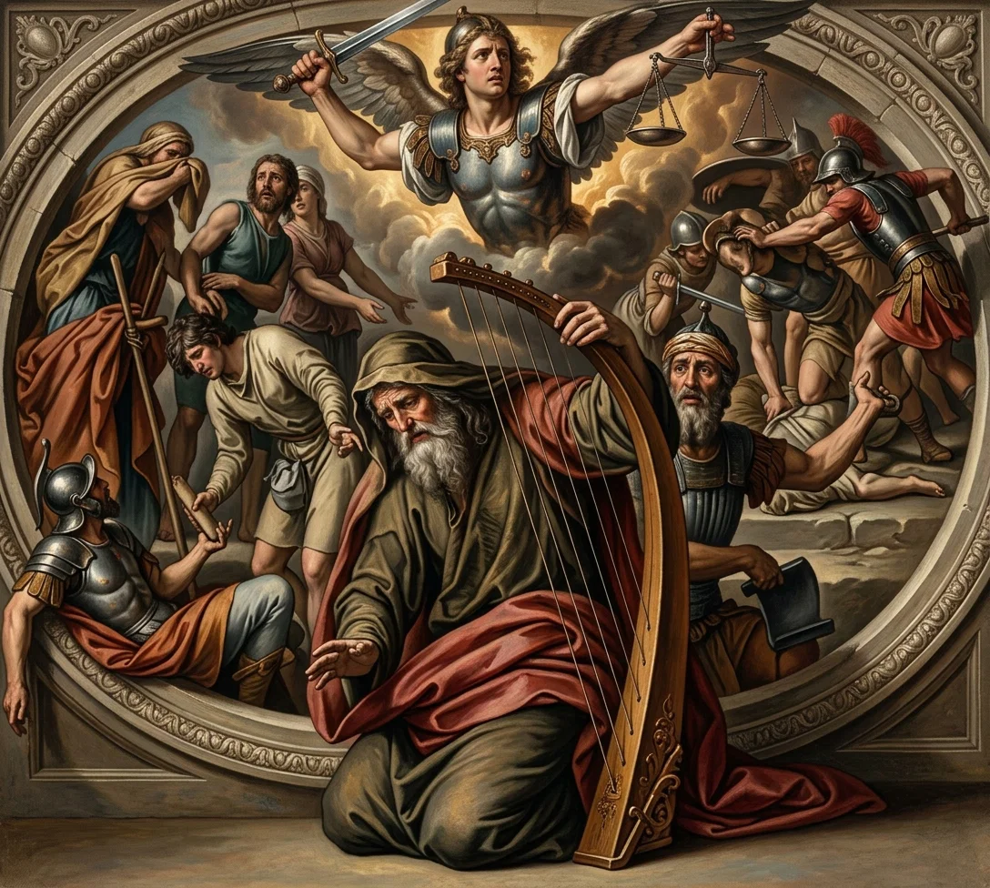 David has sinned. His sin has brought evil upon his people and upon Jerusalem. Weighed in the balances of the sanctuary, he is found wanting; and the angel with the sword of justice is ready to smite. Evil, strife, and sorrow exist because of his sin. But the king of Israel, taking all the guilt upon himself, bows in abject humility before God, the strings of his harp unwept, acknowledges his sin, and commits himself to the justice of God, and pleads only God’s mercy. God hears his prayer. Read 1 Chronicles 21 and Psalm 32.