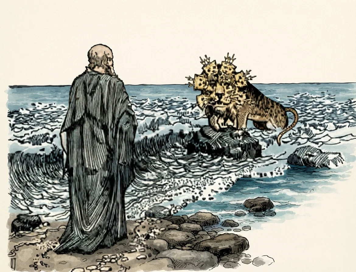 A beast rising up out of the sea.