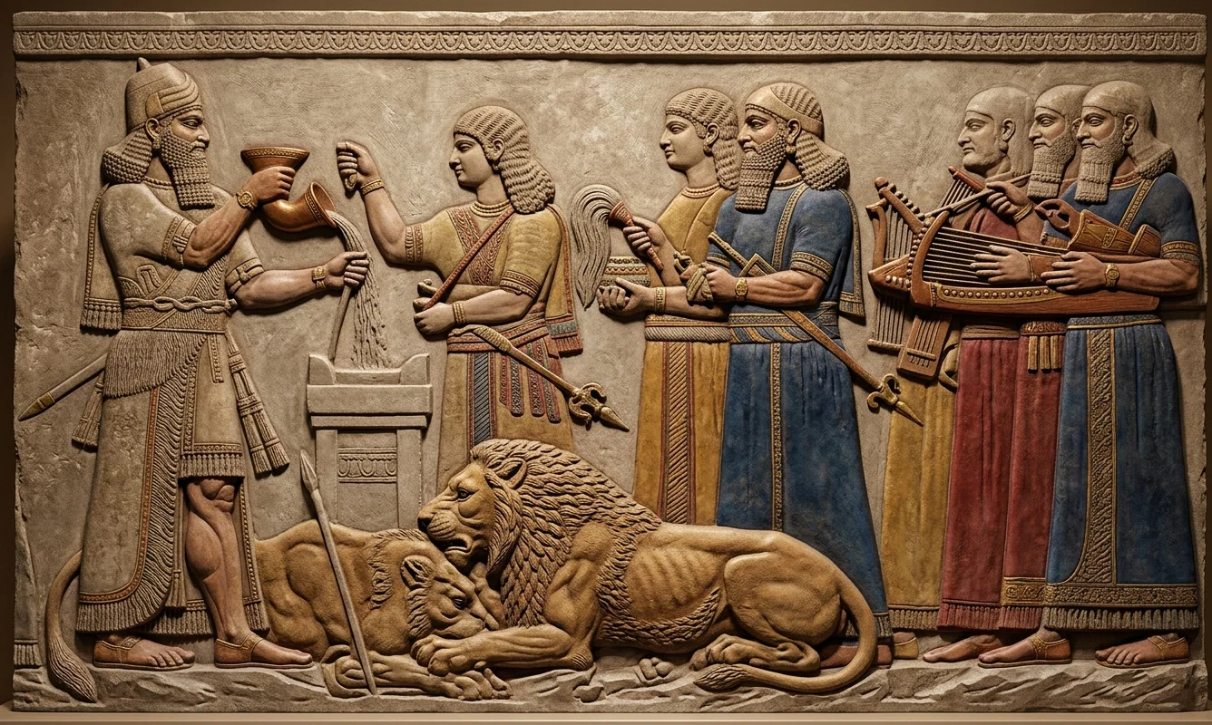 Music and Worship in ancient Assyria. Assur-bani-pal (identical with Kandalanu of Babylon) offering a libation on return from a lion hunt.