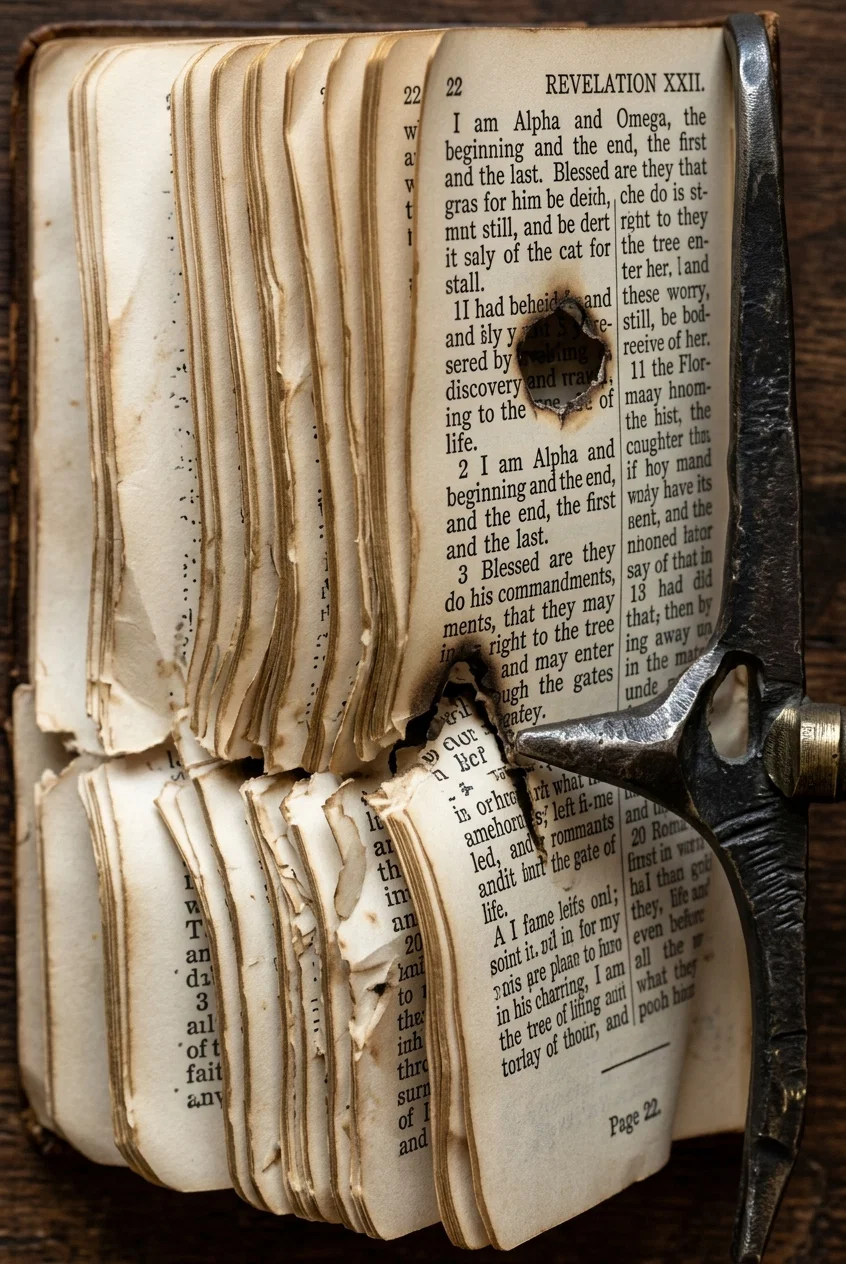 Photo by G. A. Wiles, in Bible in the World.
A Testament that saved a soldier's life.
Note the verse pierced by the bullet.