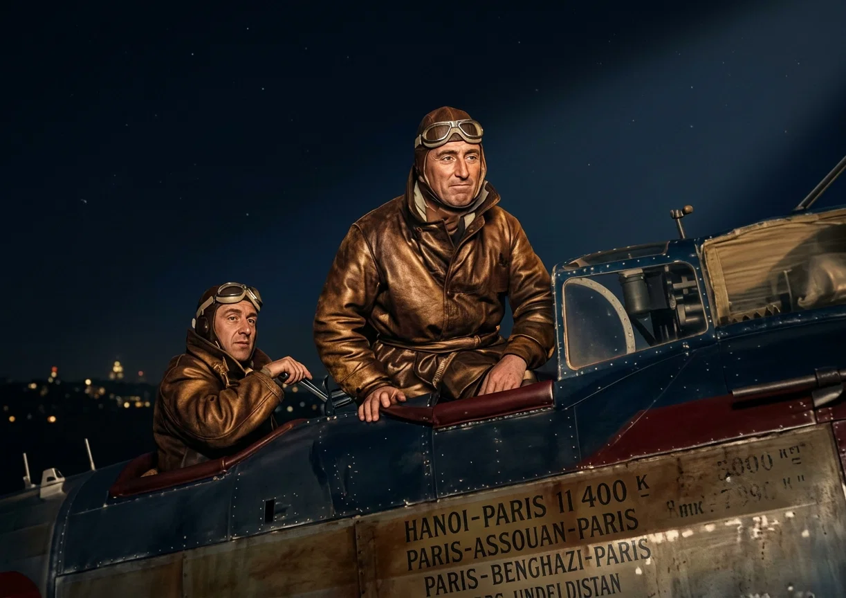 Dieudonne Coste (right) and his copilot, Maurice Bellonte, as they arrived in New York from Paris, in their plane, “Question Mark.” They covered the distance between the two great metropolises in thirty-seven hours and eighteen minutes, and this is the first time a passage from Europe to the United States has been made in one “hop” in an airplane.