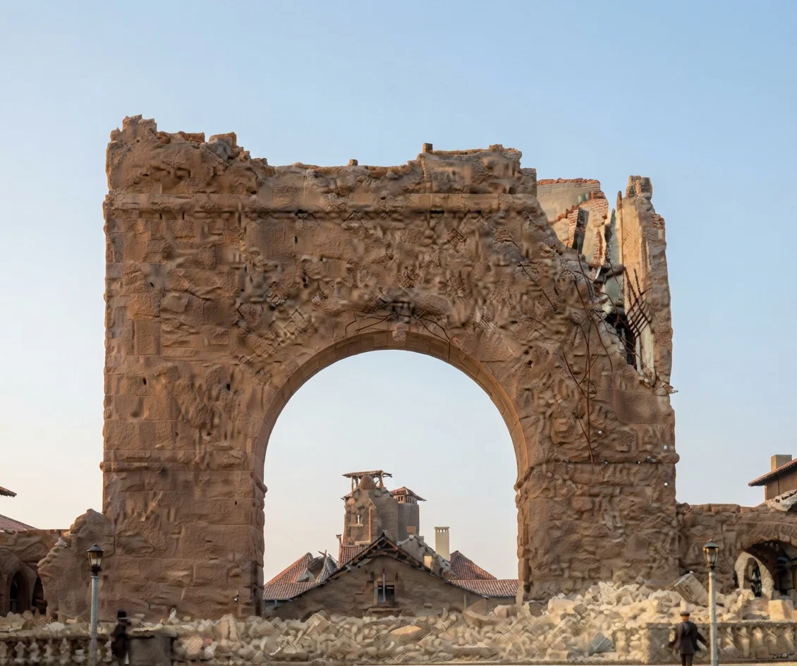 Memorial Arch at Entrance of the Quadrangle after the Earthquake